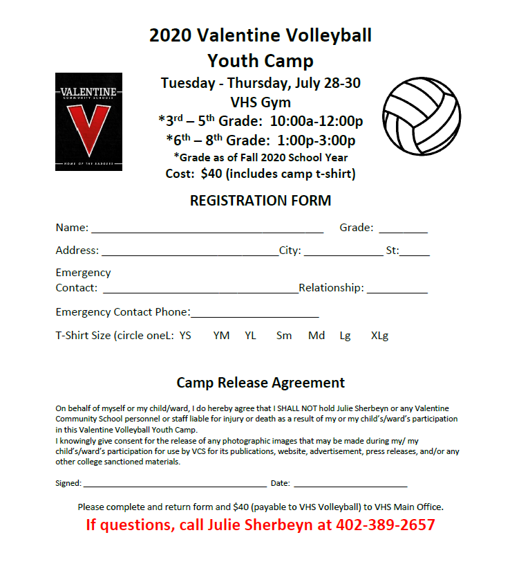 Youth Summer Volleyball Camp Valentine Community Schools